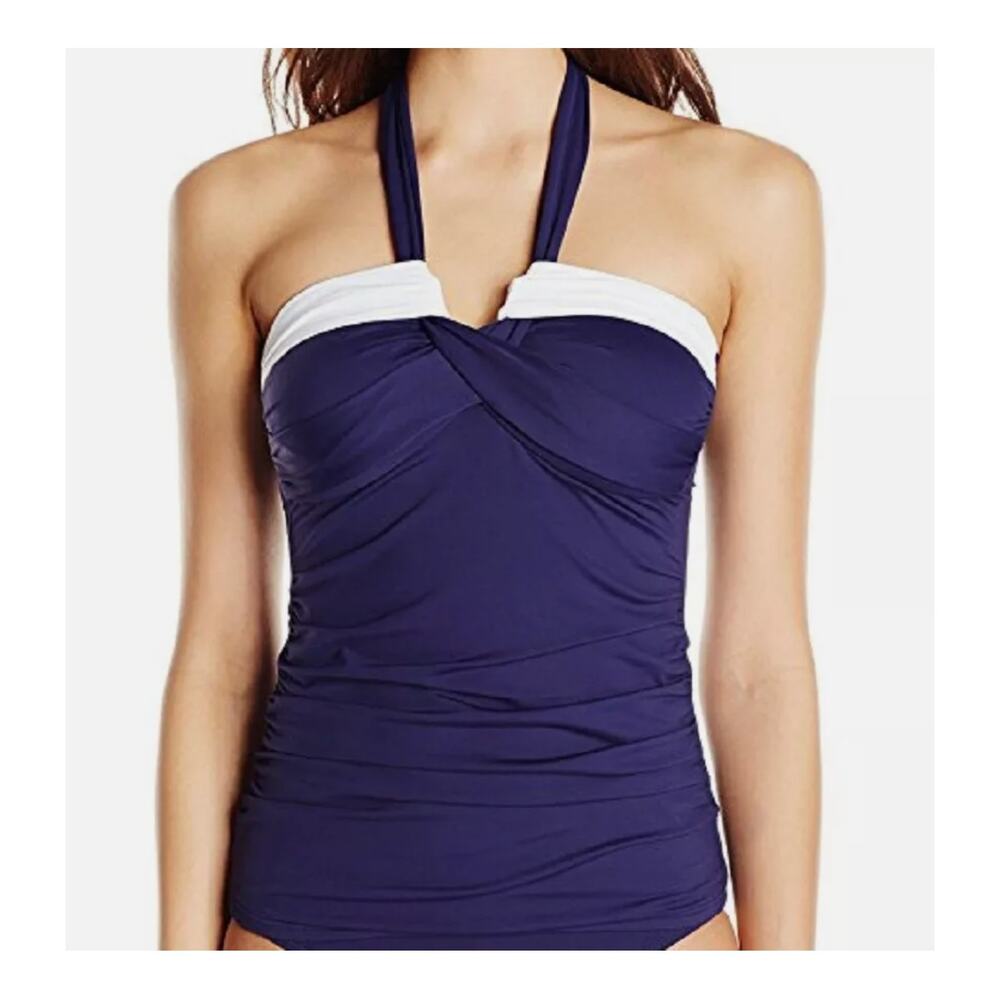 Anne Cole Contrast Trim Halter Tankini Swimsuit Top Navy Blue 22W